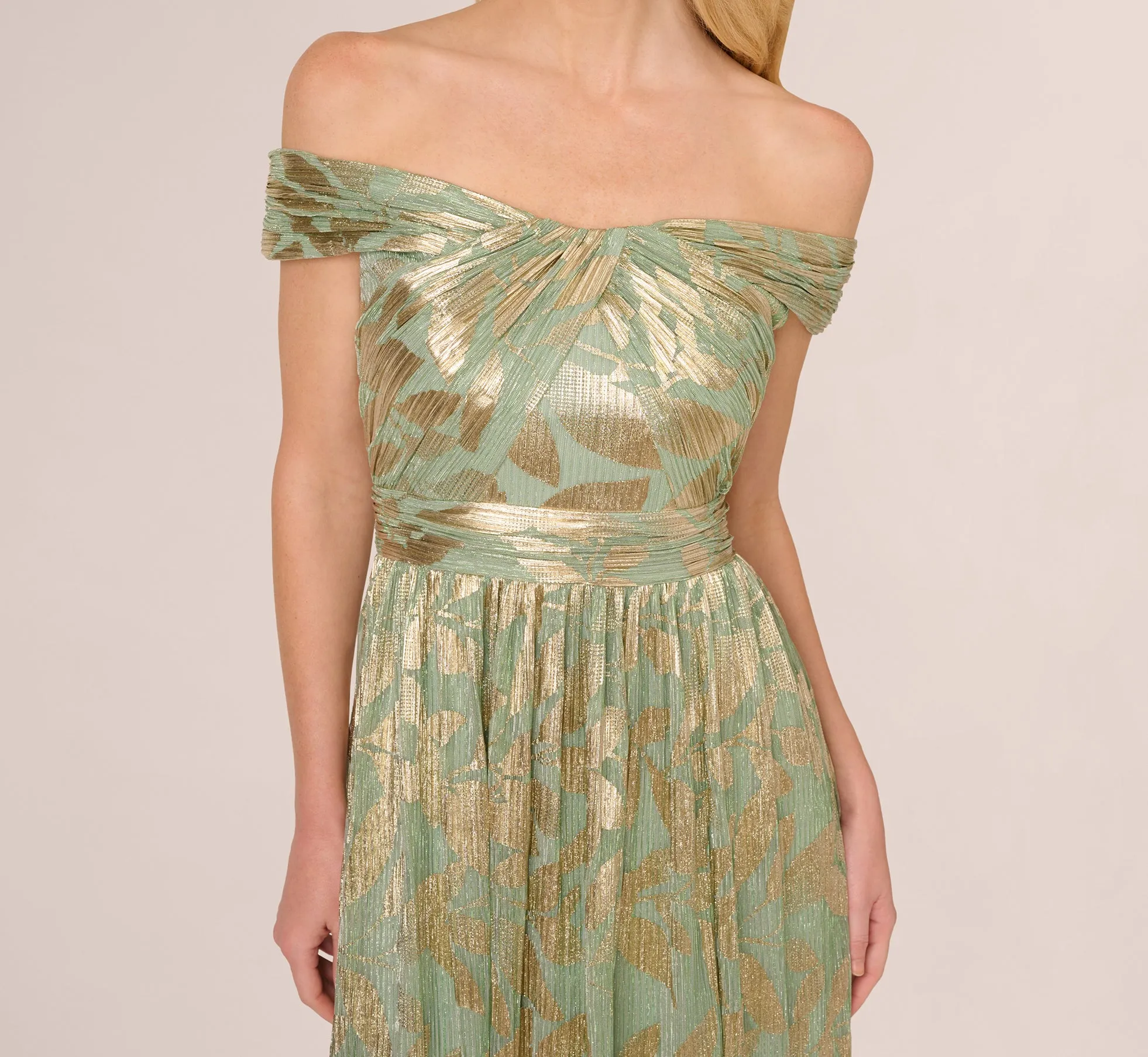 Off Shoulder Foil Leaf Crinkle Gown In Sage Gold