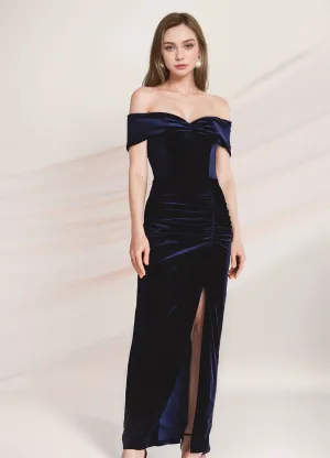 Off-the-Shoulder Ruched Sheath Velvet Prom Dress with Thigh Slit
