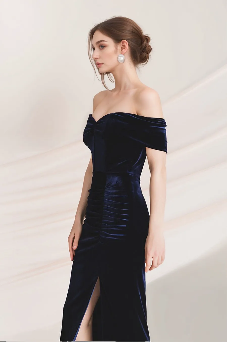 Off-the-Shoulder Ruched Sheath Velvet Prom Dress with Thigh Slit