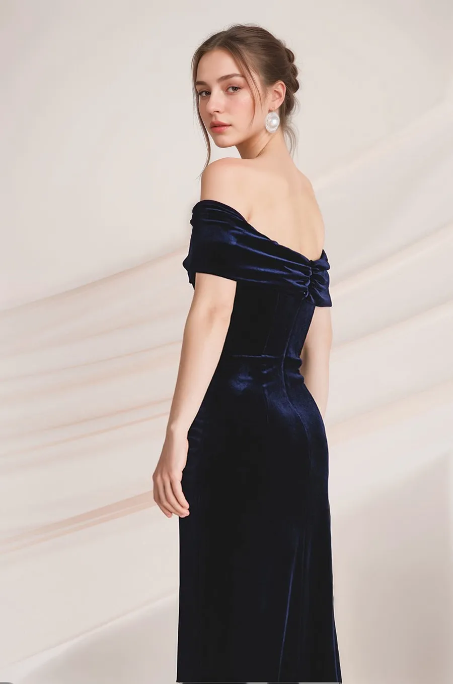 Off-the-Shoulder Ruched Sheath Velvet Prom Dress with Thigh Slit