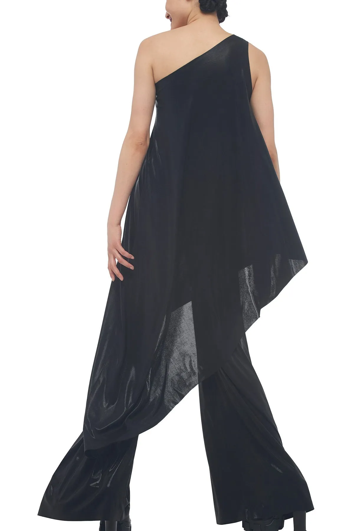 One Shoulder Diagonal Tunic in Metallic Black