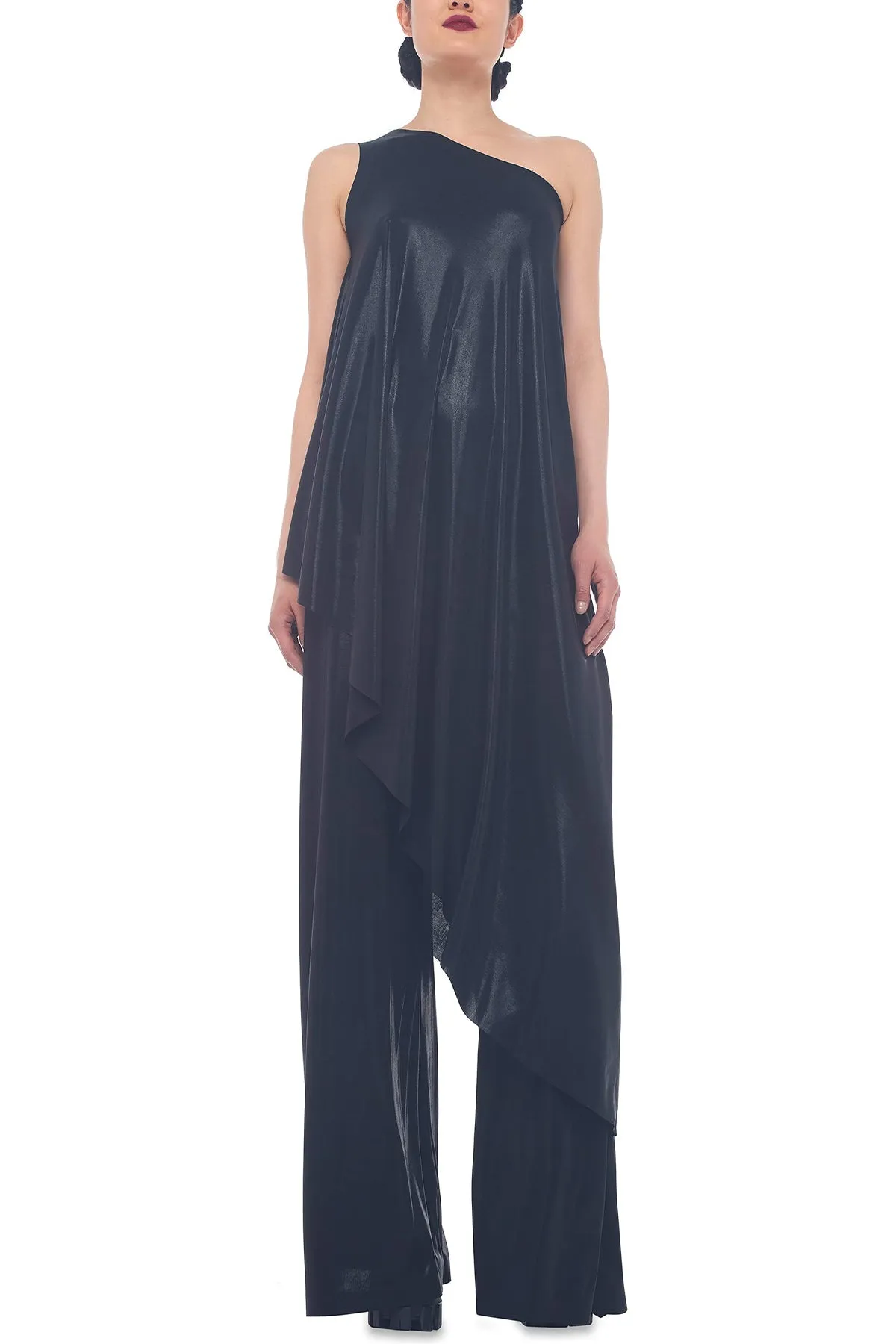 One Shoulder Diagonal Tunic in Metallic Black