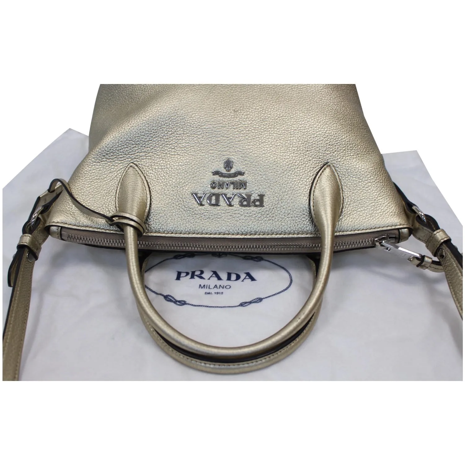 PRADA Small Daino Metallic Leather Tote Shoulder Bag Silver - Last Call