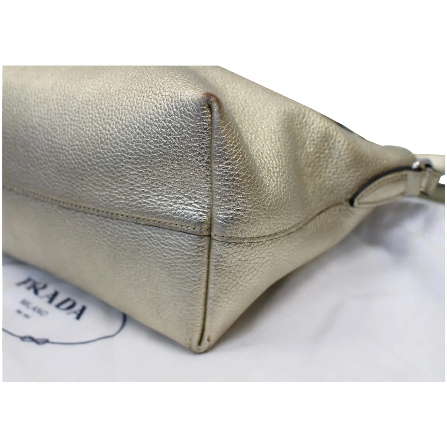 PRADA Small Daino Metallic Leather Tote Shoulder Bag Silver - Last Call