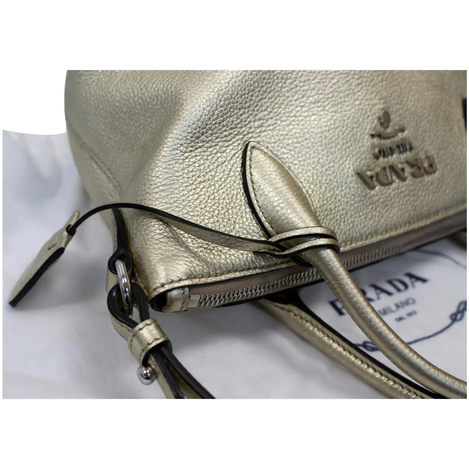 PRADA Small Daino Metallic Leather Tote Shoulder Bag Silver - Last Call