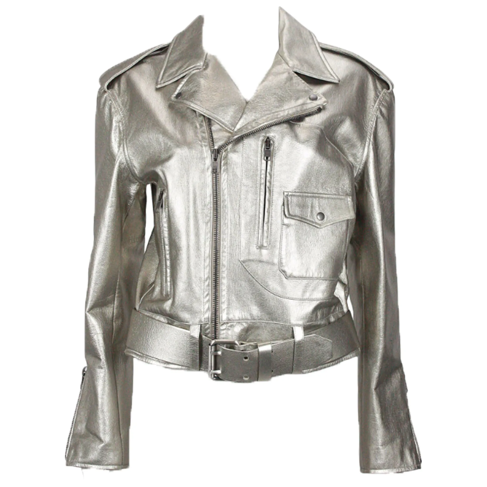 RALPH LAUREN Silver Leather Belted Motorcycle Jacket