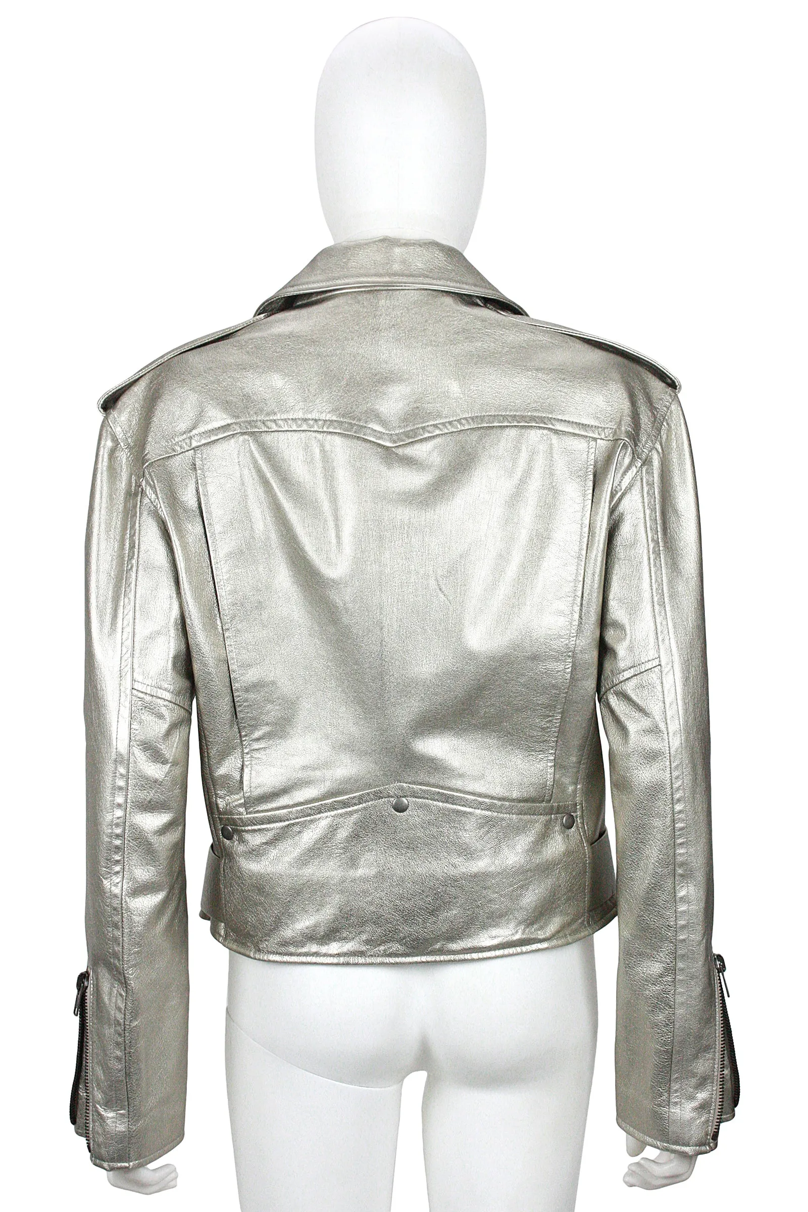 RALPH LAUREN Silver Leather Belted Motorcycle Jacket