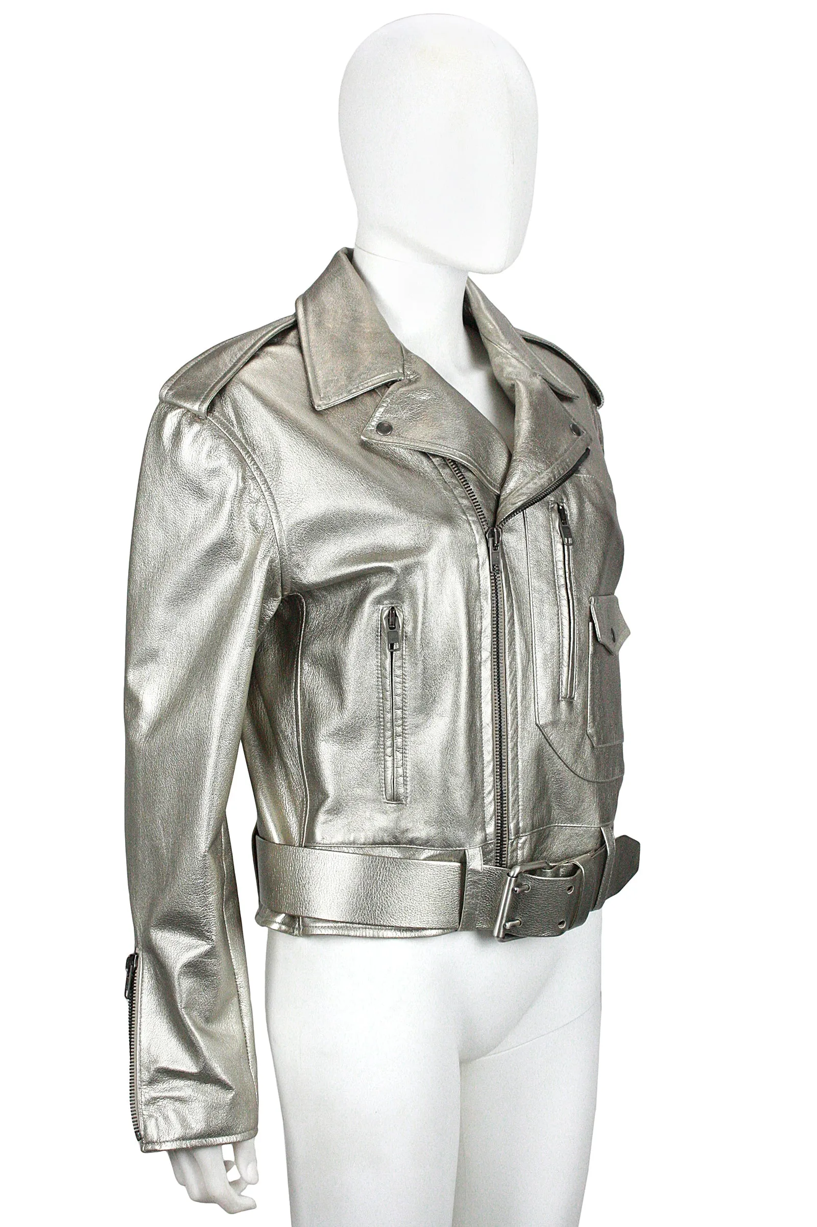 RALPH LAUREN Silver Leather Belted Motorcycle Jacket