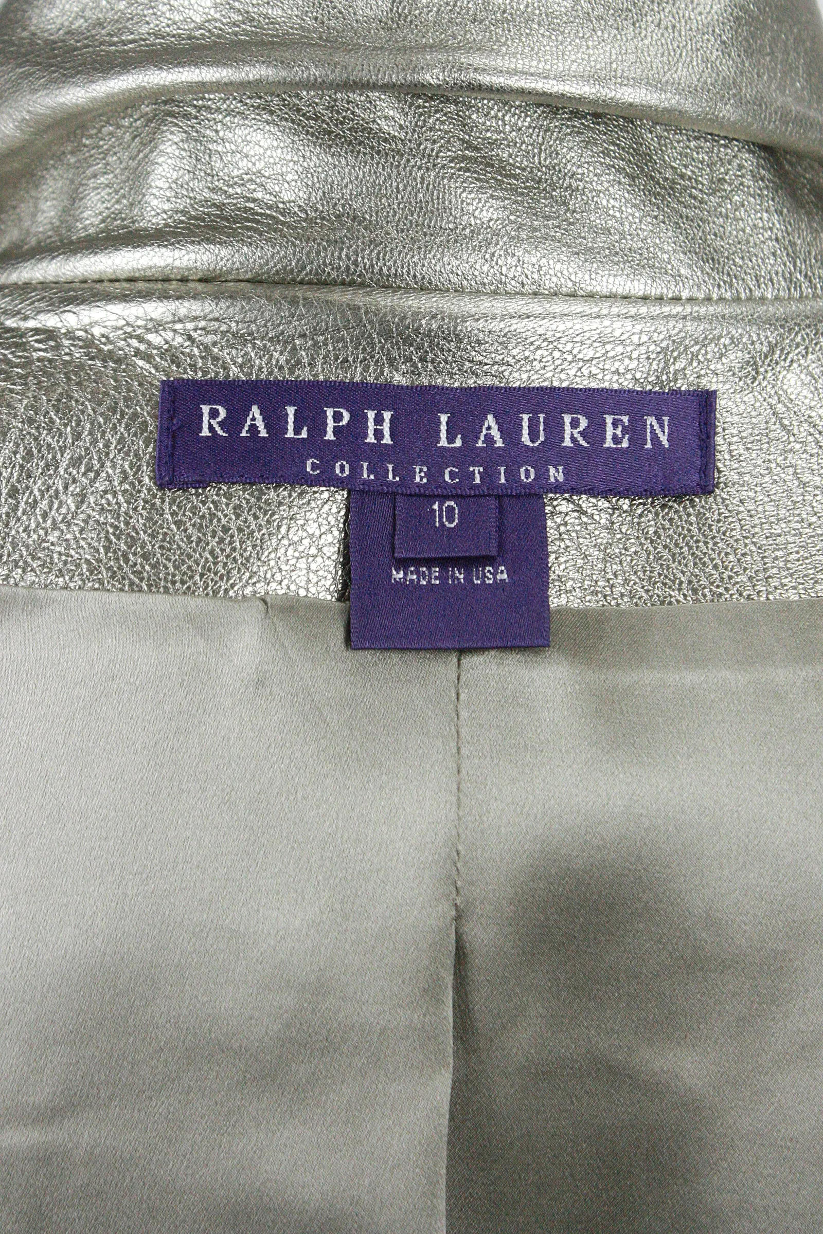 RALPH LAUREN Silver Leather Belted Motorcycle Jacket