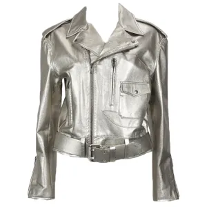 RALPH LAUREN Silver Leather Belted Motorcycle Jacket