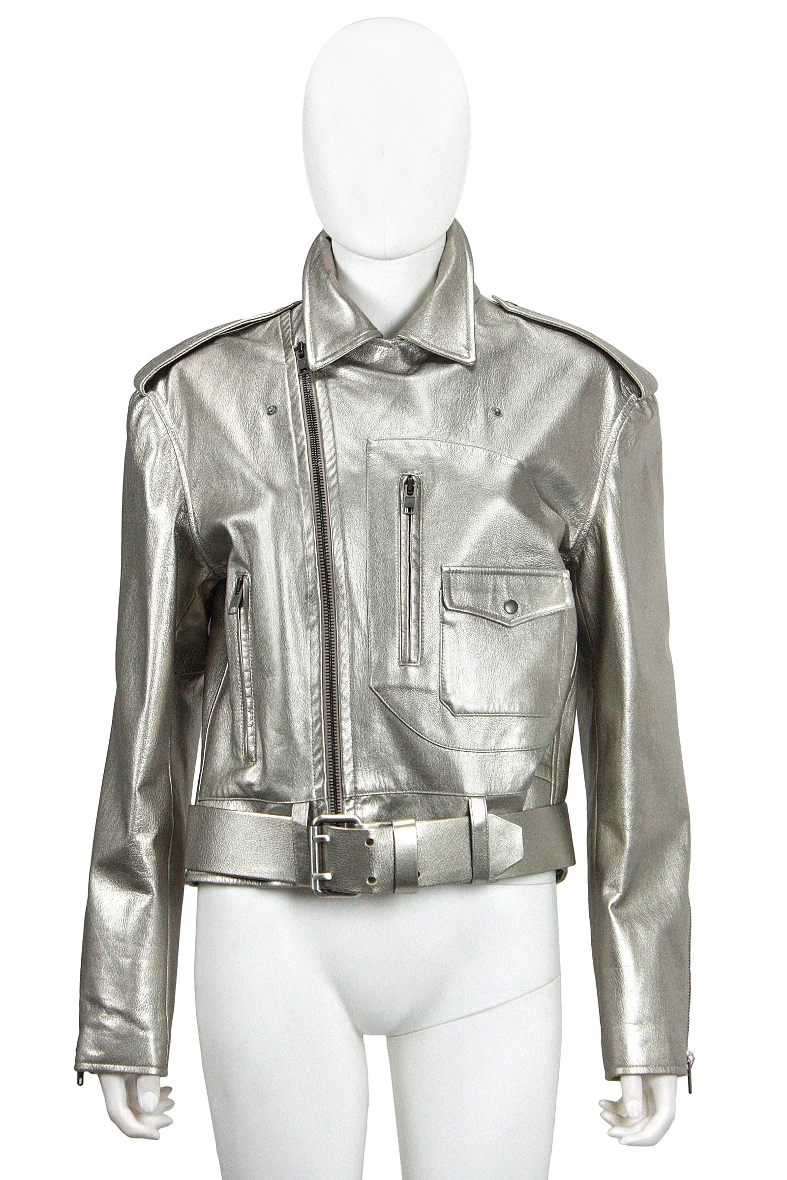 RALPH LAUREN Silver Leather Belted Motorcycle Jacket