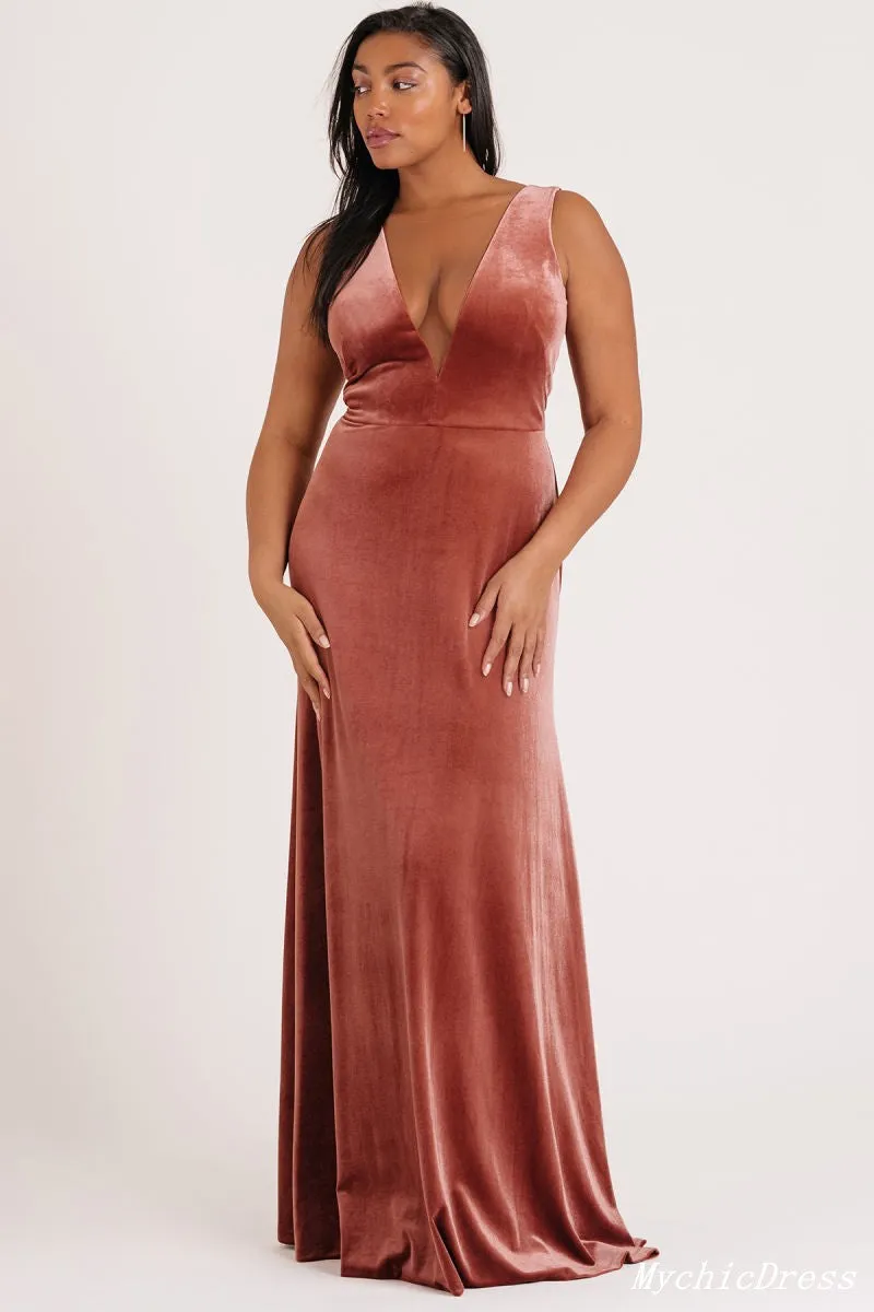 Roycebridal Long V Neck Rust Velvet Bridesmaid Dresses Mermaid Wedding Guest Dress