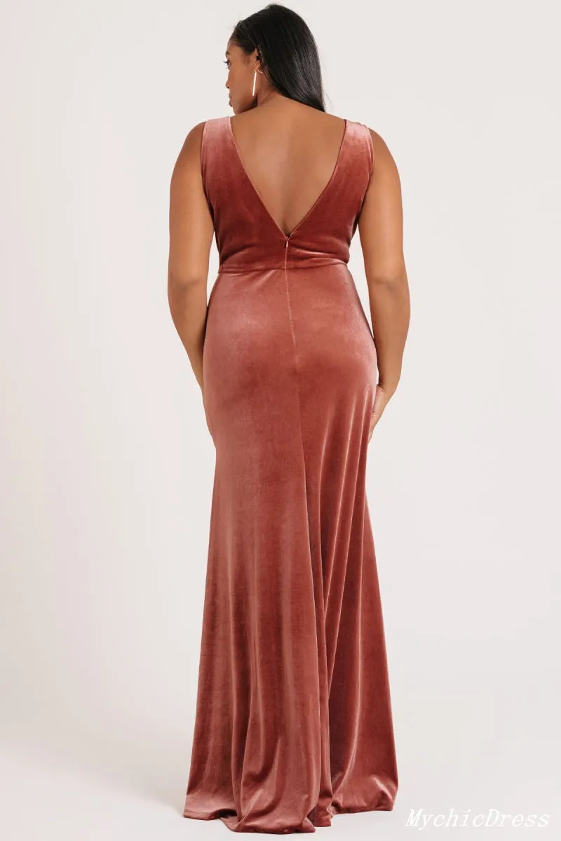 Roycebridal Long V Neck Rust Velvet Bridesmaid Dresses Mermaid Wedding Guest Dress