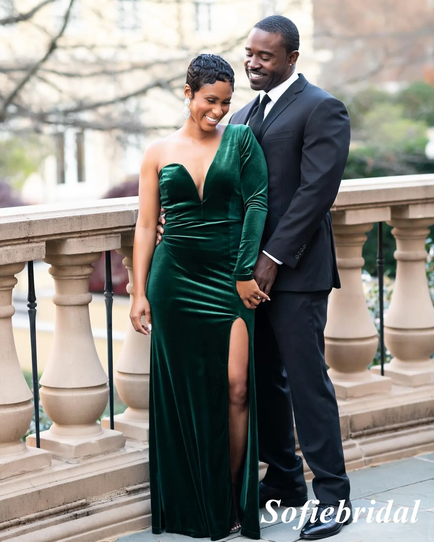 Sexy Velvet One Shoulder Long Sleeves Side Slit Mermaid Floor Length Prom Dress, PD01104