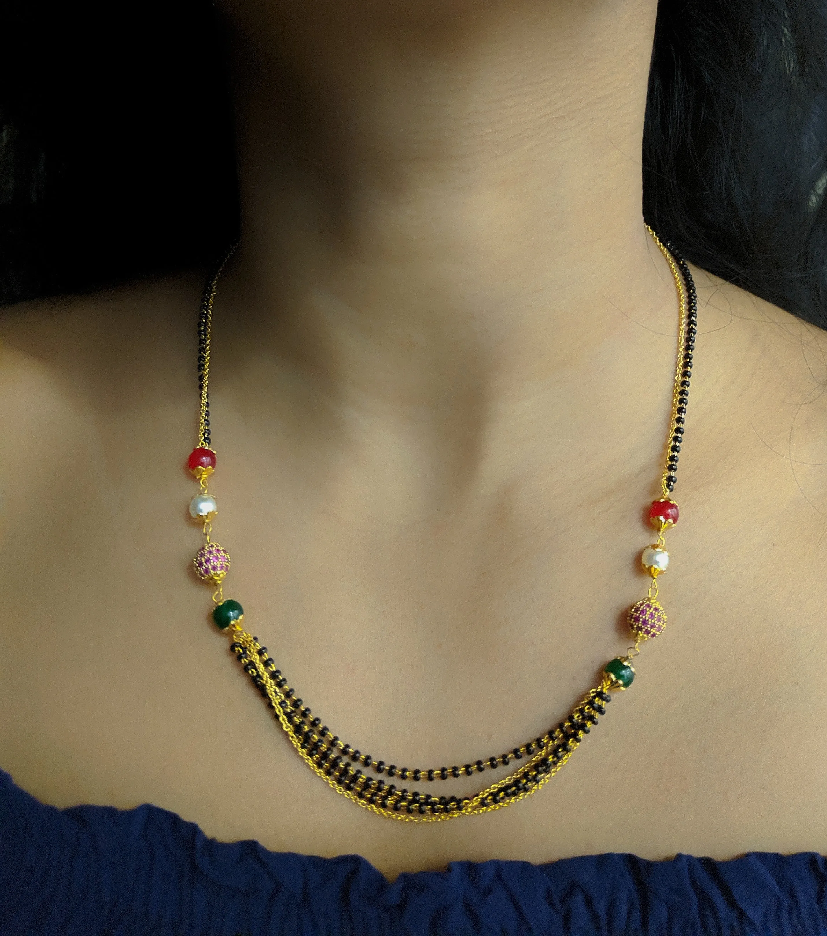 Short Mangalsutra Designs Gold Plated Latest Antique Multi Strand Red Green Stone White Pearl Mangalsutra