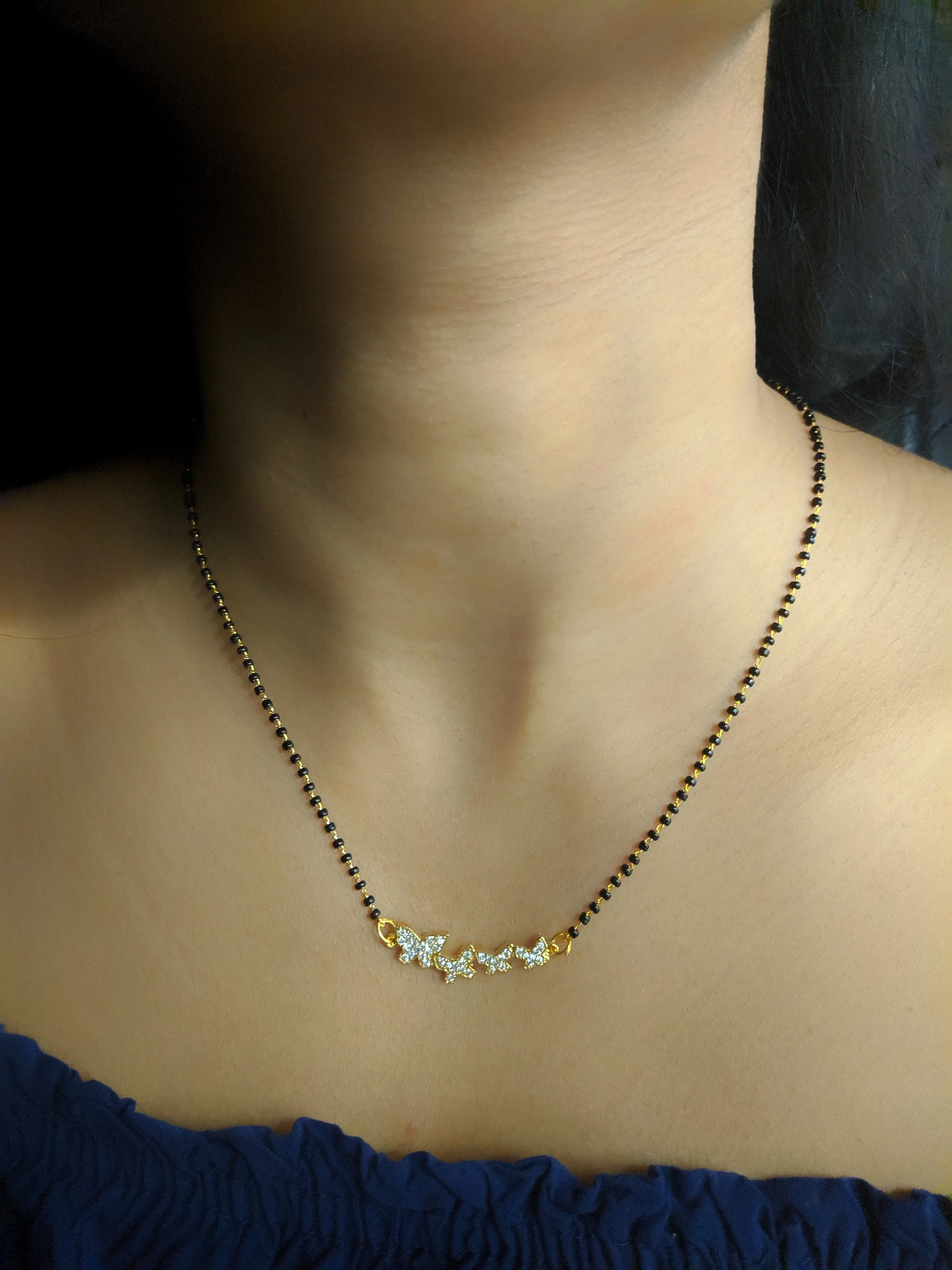 Short Mangalsutra Designs Gold Plated Latest Butterfly Stone Pendant Mangalsutra