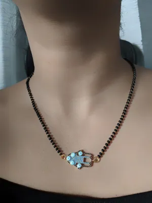 Short Mangalsutra Designs Gold Plated Latest Elegant Gold Blue Diamond Hamsa Pendant Mangalsutra