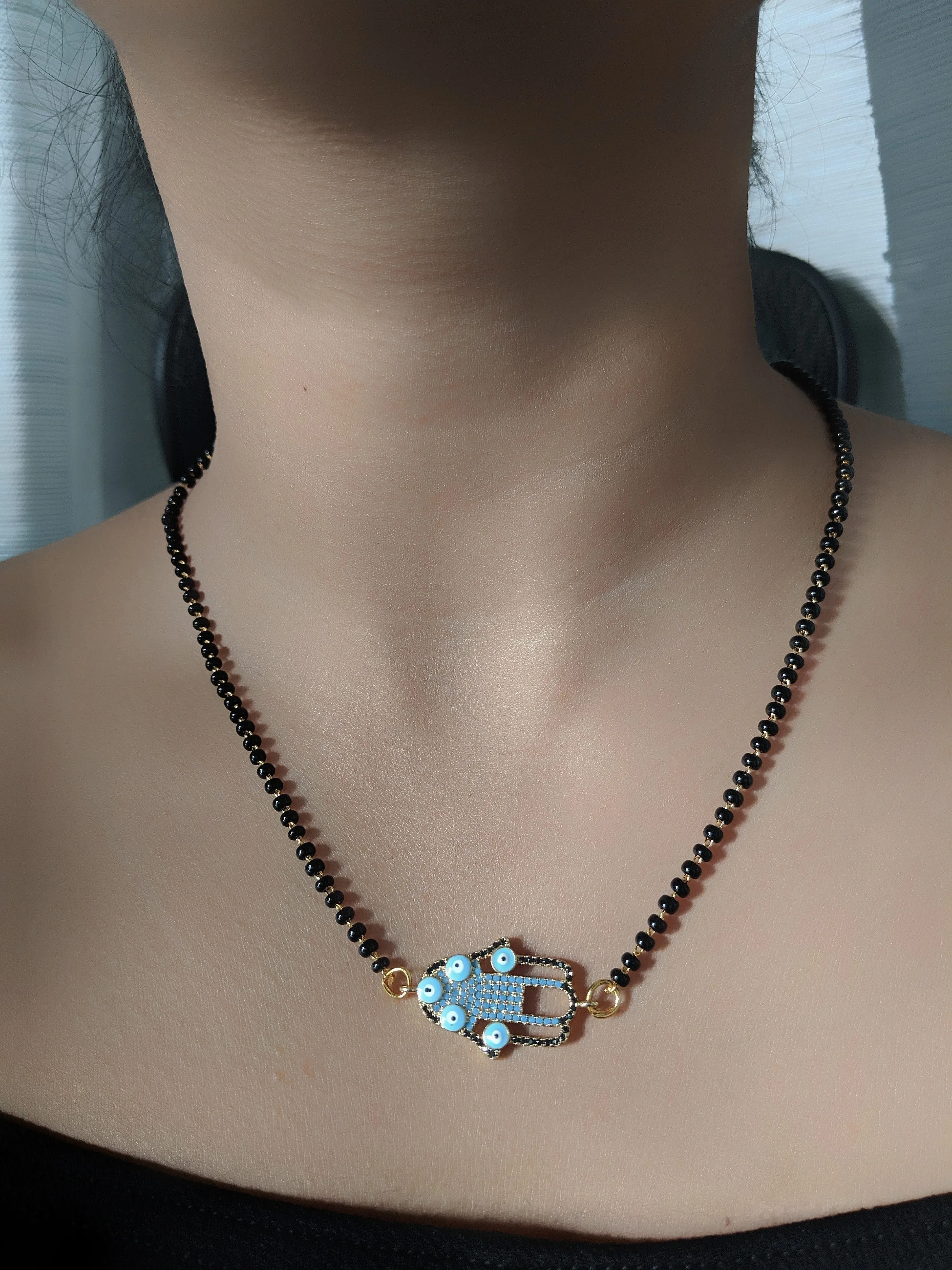Short Mangalsutra Designs Gold Plated Latest Elegant Gold Blue Diamond Hamsa Pendant Mangalsutra