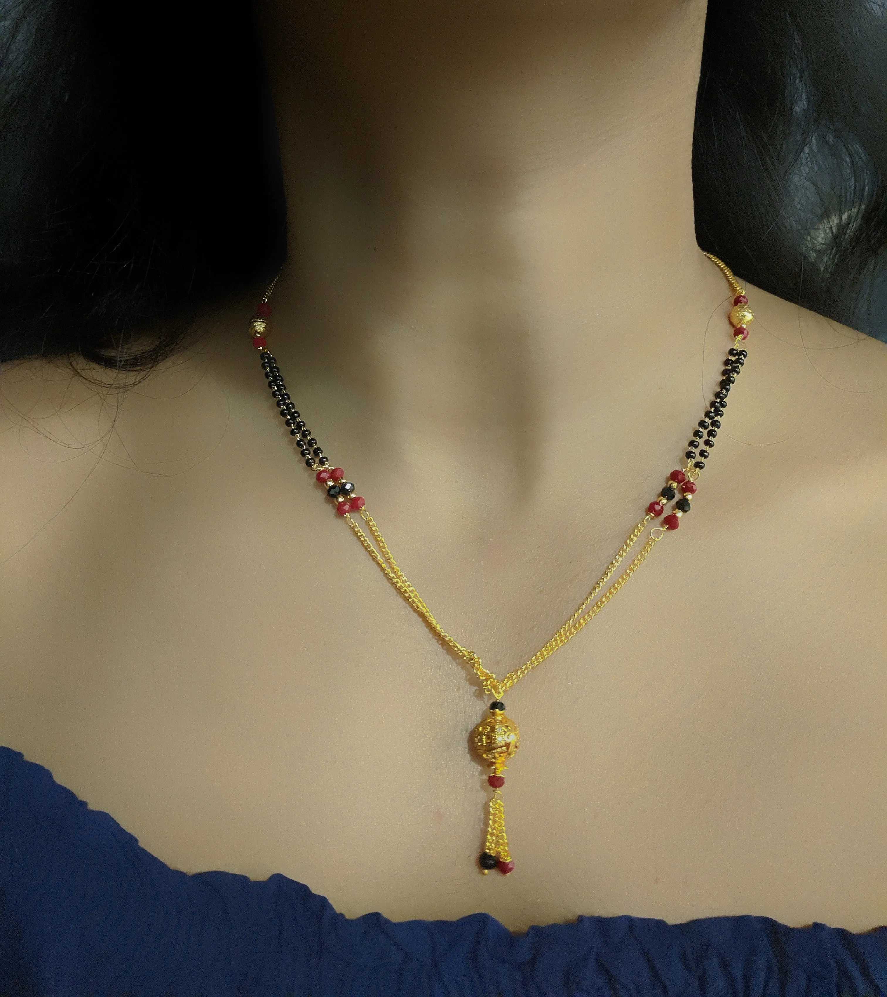 Short Mangalsutra Designs Gold Plated Latest Round Mani Red Latkan Mangalsutra