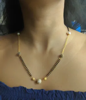 Short Mangalsutra Designs Gold Plated Latest White Pearl & American Diamond Round Pendant Mangalsutra