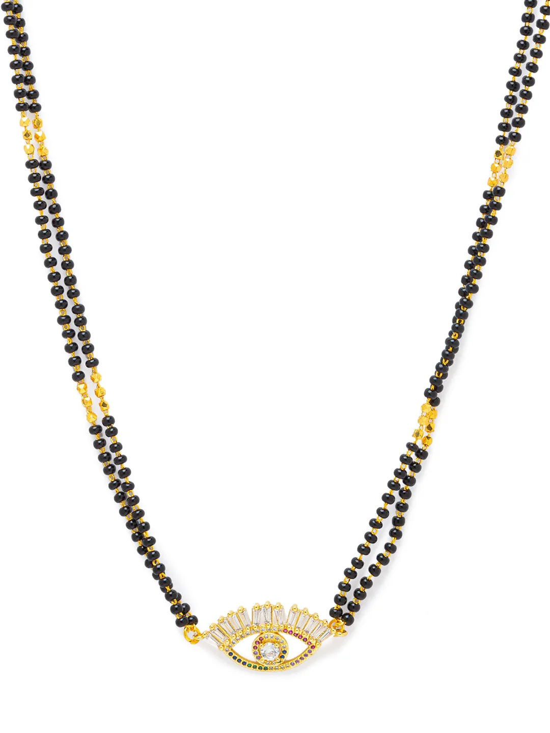 Short Mangalsutra Evil Eye Design Gold Plated Multicoloured AD Diamond With Black Beads (18 Inches)