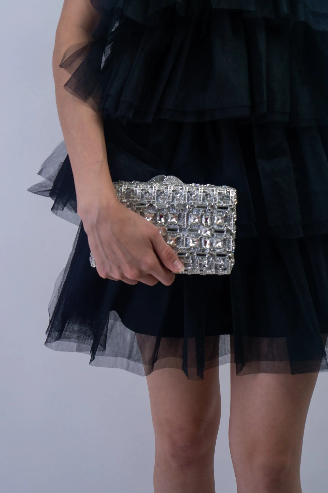 Silver Rhinestone Rectangular Box Clutch