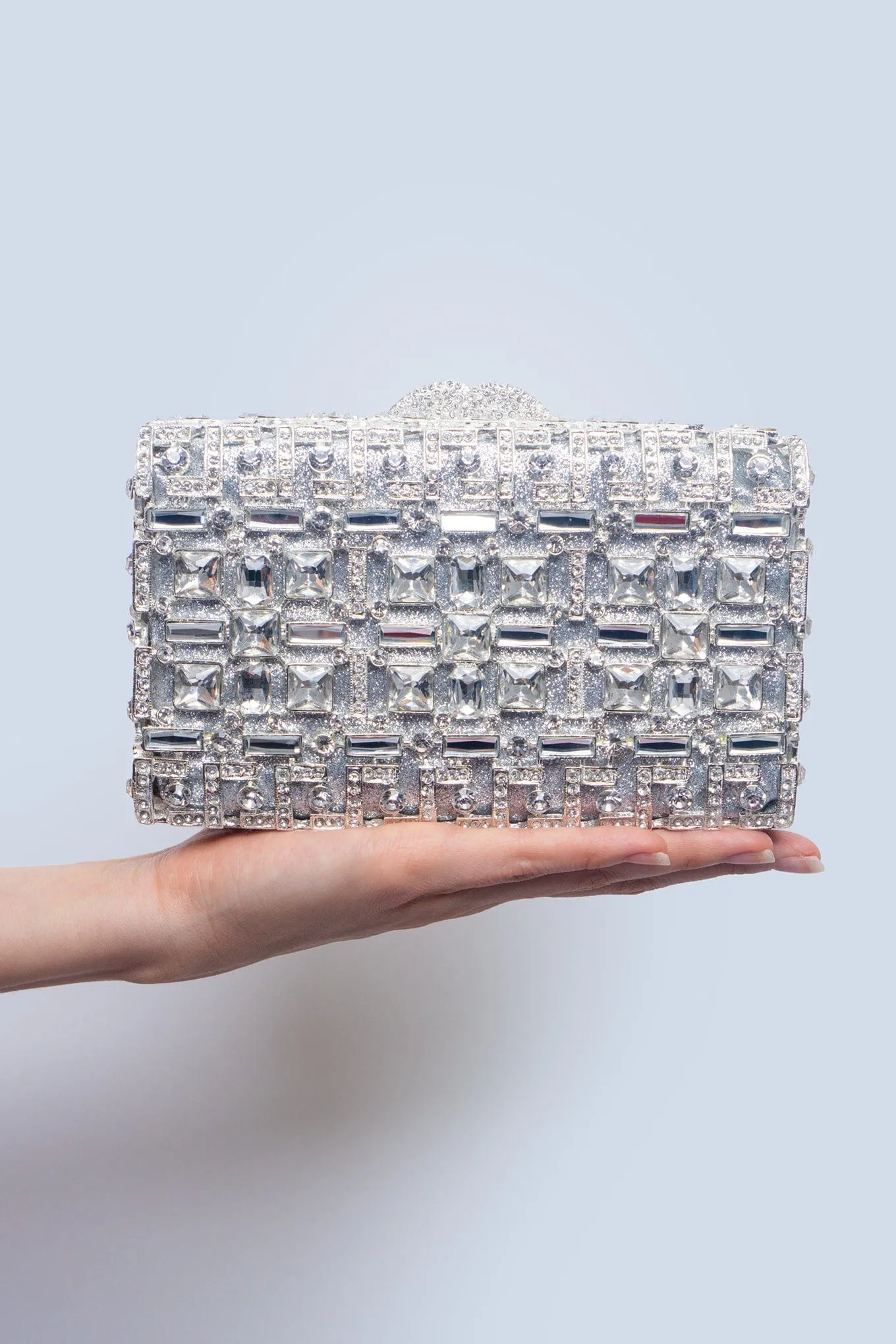 Silver Rhinestone Rectangular Box Clutch