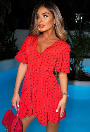 Social Scene Red Polkadot Print Playsuit