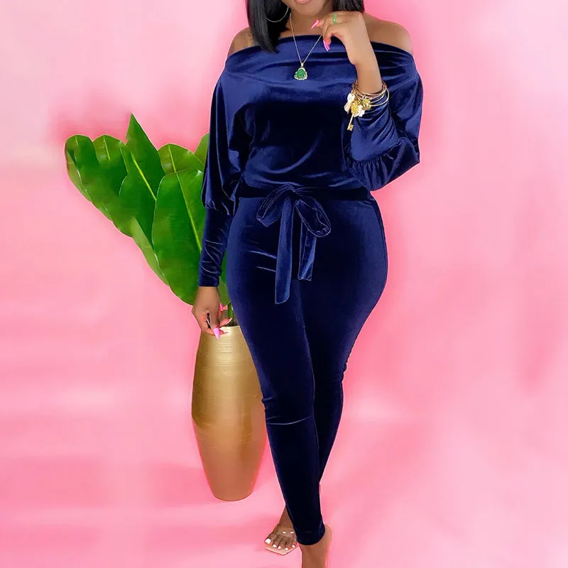 Solid Velvet Off Shoulder Drawstring Long Sleeve Jumpsuit