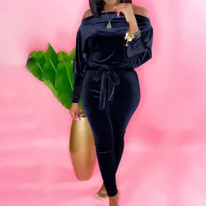 Solid Velvet Off Shoulder Drawstring Long Sleeve Jumpsuit