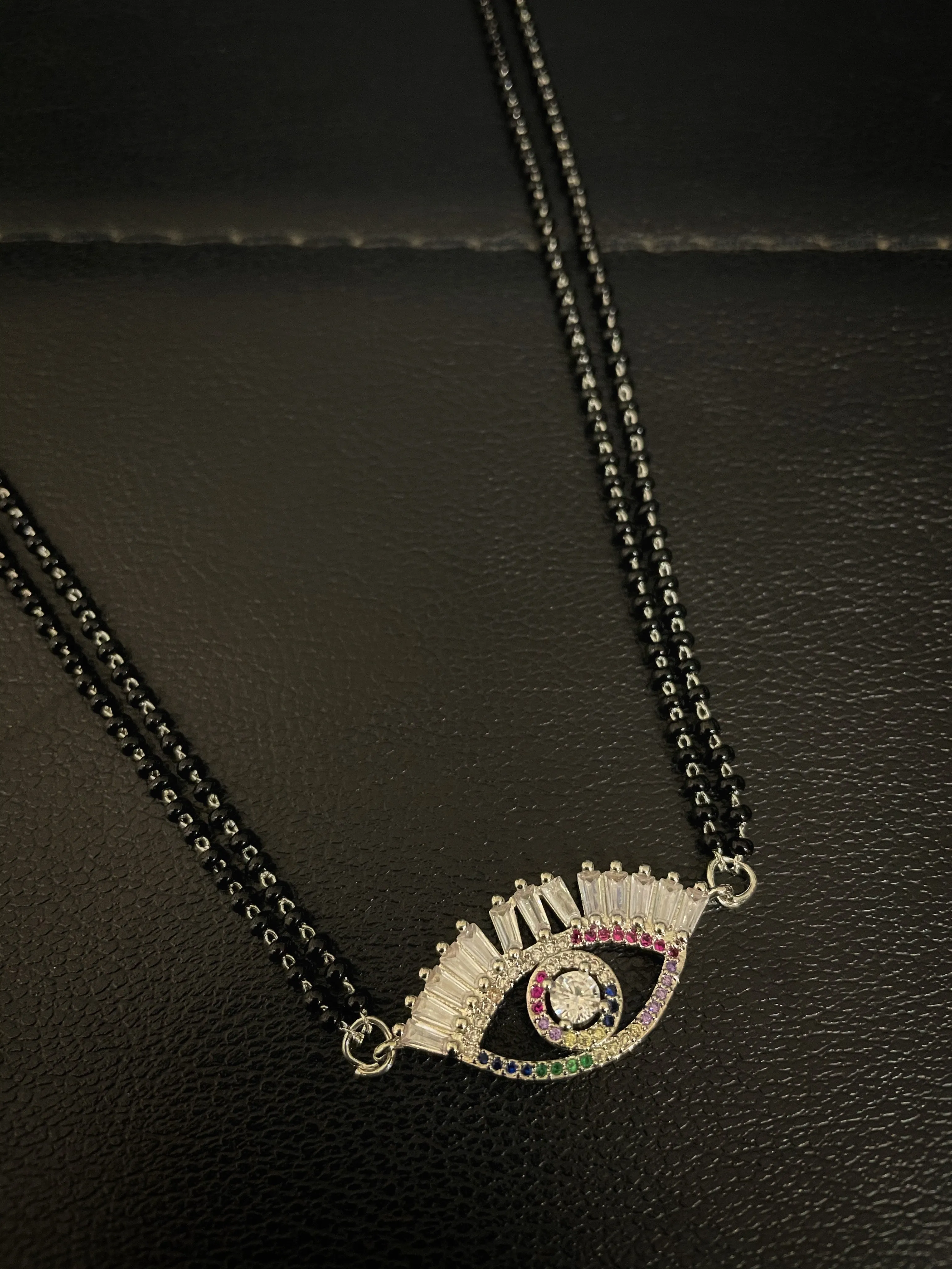 The Evil Eye Necklace Long Silver Mangalsutra Design Brass Silver Plated AD Pendant मंगळसूत्र (25 Inch)