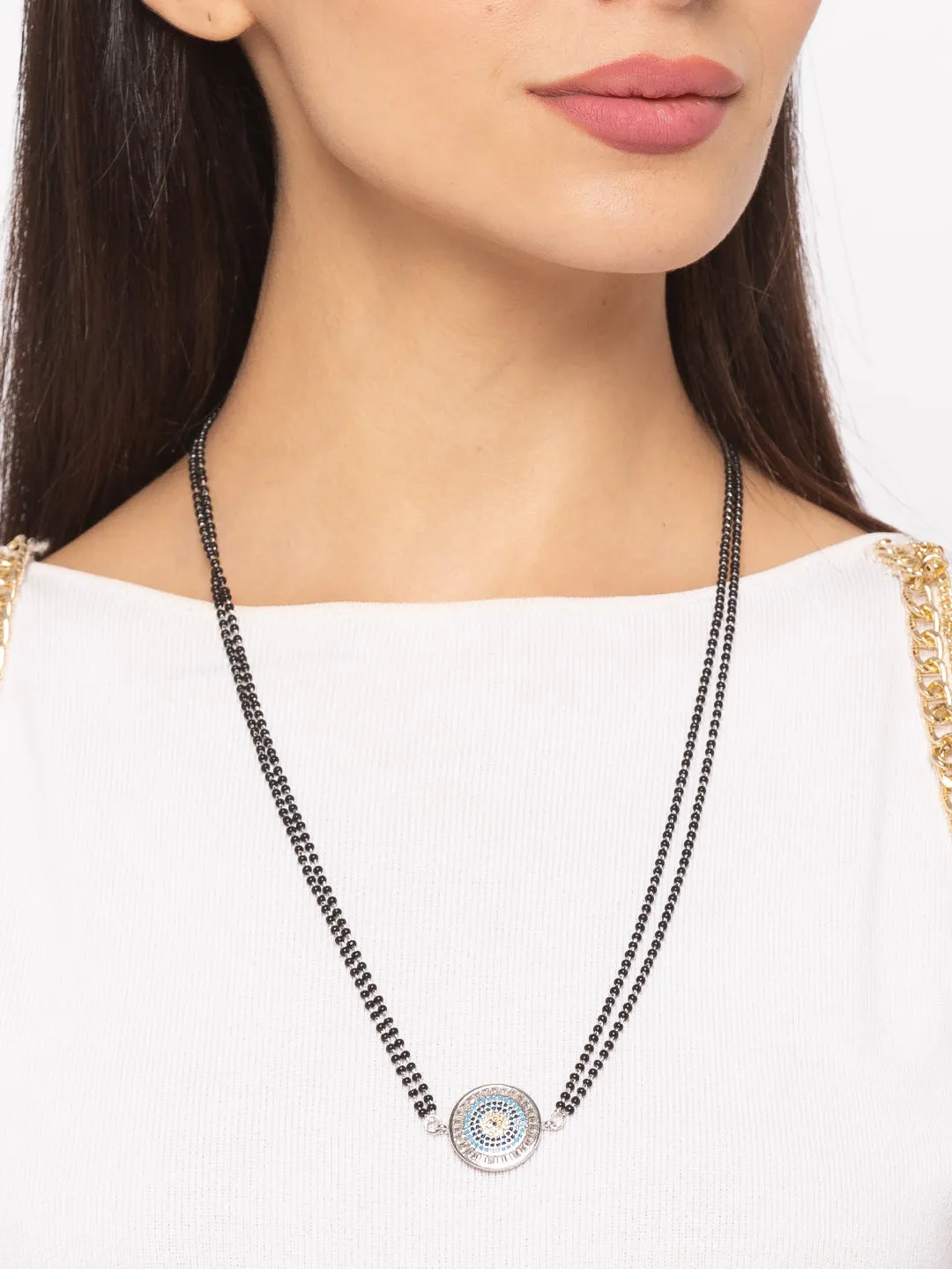 The Evil Eye Necklace Long Silver Mangalsutra Design Brass Silver Plated AD Pendant मंगळसूत्र (25 Inch)