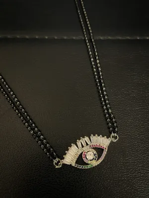 The Evil Eye Necklace Long Silver Mangalsutra Design Brass Silver Plated AD Pendant मंगळसूत्र (25 Inch)