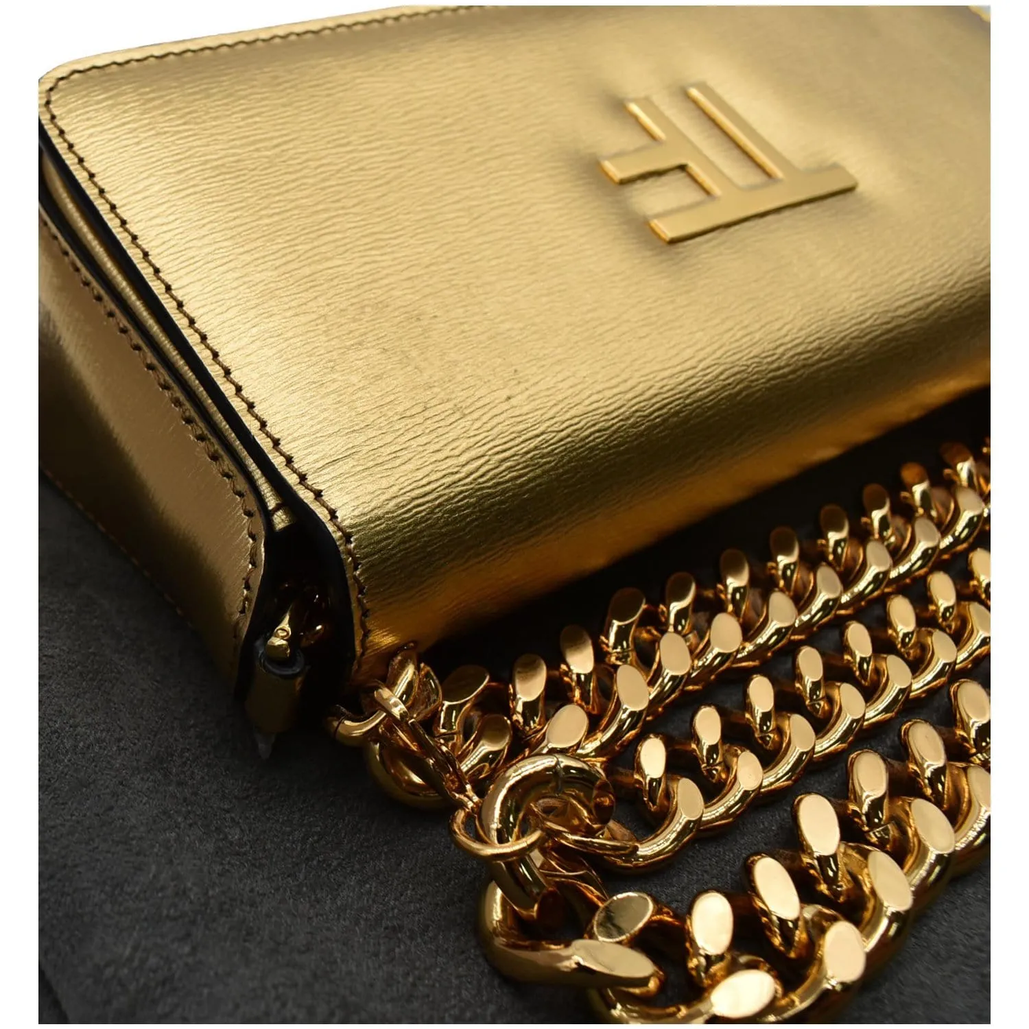 TOM FORD Triple Chain Small Embellished Metallic Leather Shoulder Bag Gold
