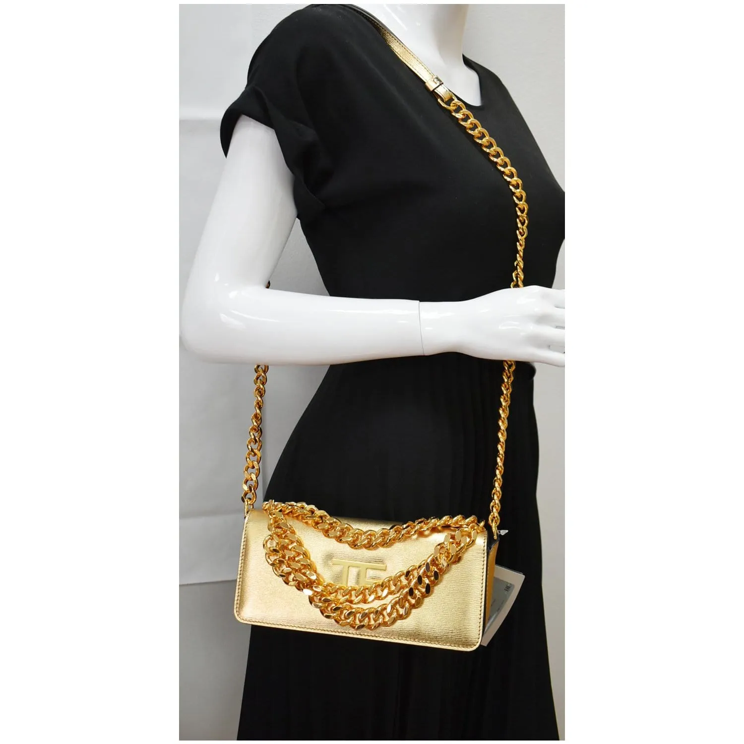 TOM FORD Triple Chain Small Embellished Metallic Leather Shoulder Bag Gold