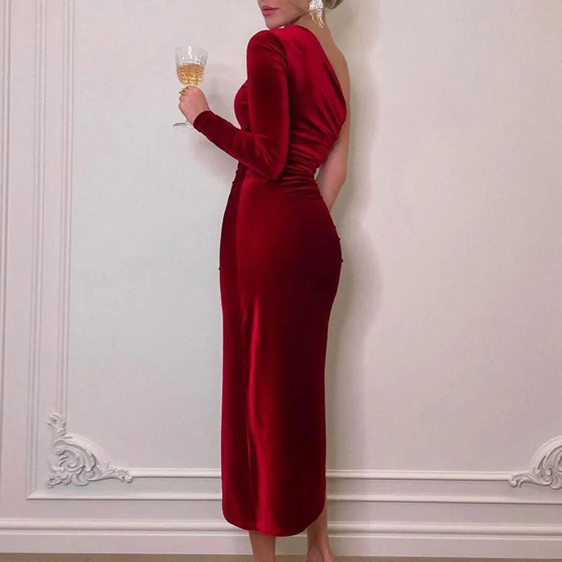 Velvet One Shoulder Long Sleeve High Slit Midi Dress