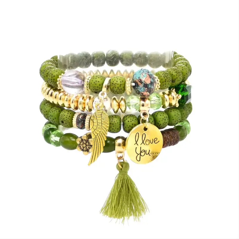 Women Ethnic Layered Crystal New Release Tassel Leaf Alloy Beaded Bracelet
