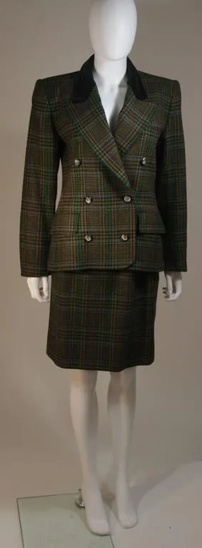 YVES SAINT LAURENT Wool Plaid Skirt Suit w/ Velvet Details Size 4