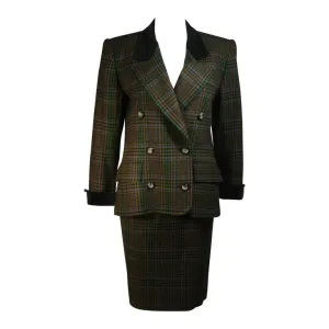 YVES SAINT LAURENT Wool Plaid Skirt Suit w/ Velvet Details Size 4