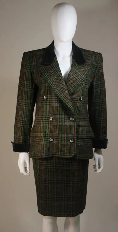YVES SAINT LAURENT Wool Plaid Skirt Suit w/ Velvet Details Size 4