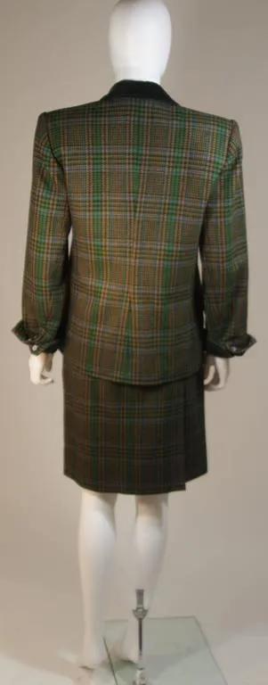 YVES SAINT LAURENT Wool Plaid Skirt Suit w/ Velvet Details Size 4