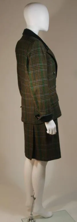 YVES SAINT LAURENT Wool Plaid Skirt Suit w/ Velvet Details Size 4
