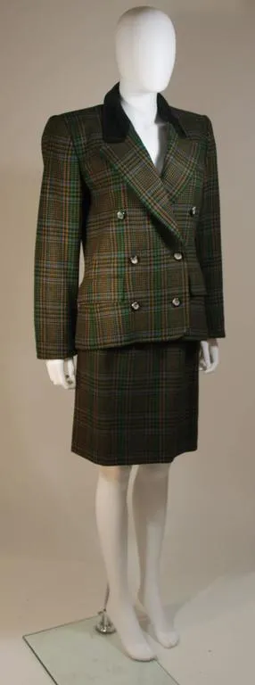 YVES SAINT LAURENT Wool Plaid Skirt Suit w/ Velvet Details Size 4