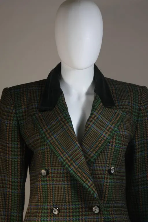 YVES SAINT LAURENT Wool Plaid Skirt Suit w/ Velvet Details Size 4