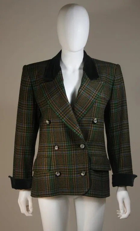 YVES SAINT LAURENT Wool Plaid Skirt Suit w/ Velvet Details Size 4